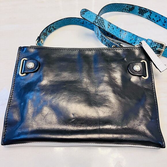 Vintage Francesco Biasia Black Leather Crossbody Bag Blue Python Strap Y2K Italy - Picture 2 of 16